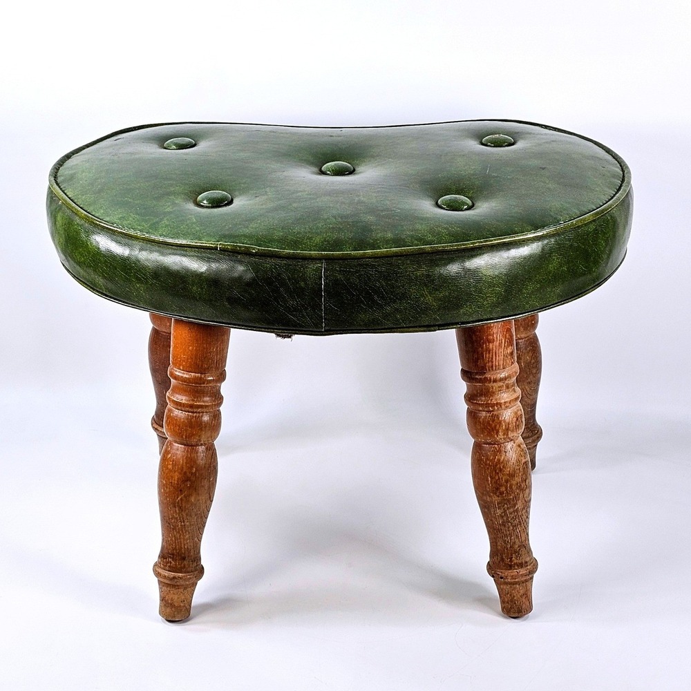 Vintage Green Vinyl Kidney Shaped Footstool Tufted Mid Century Wood Legs Stool